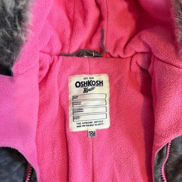 OshKosh b'Gosh Snow Suit 18 Months Girl Gray Leopard Pink Faux Fur Collar Warm - Picture 6 of 10